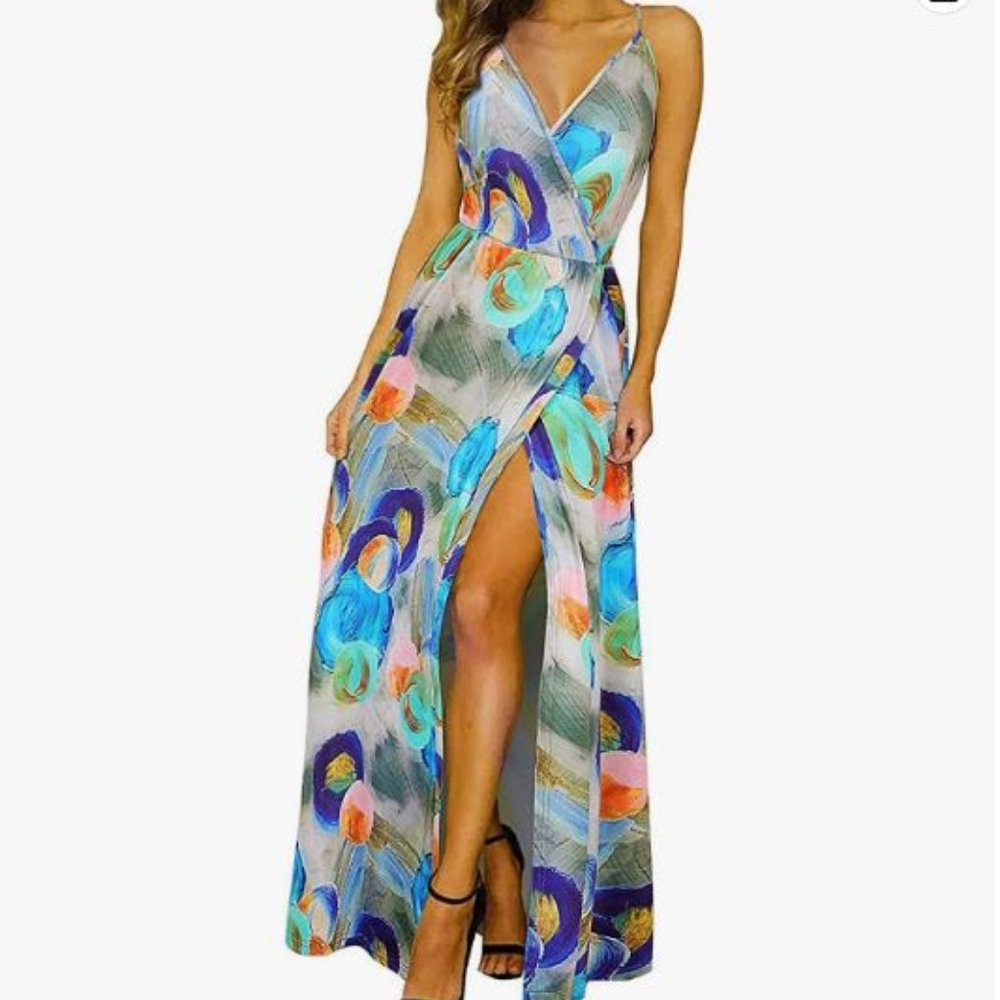 Deep V Neck Maxi Dress Size Large Flowy Tropical Print Summer Dress with Slit